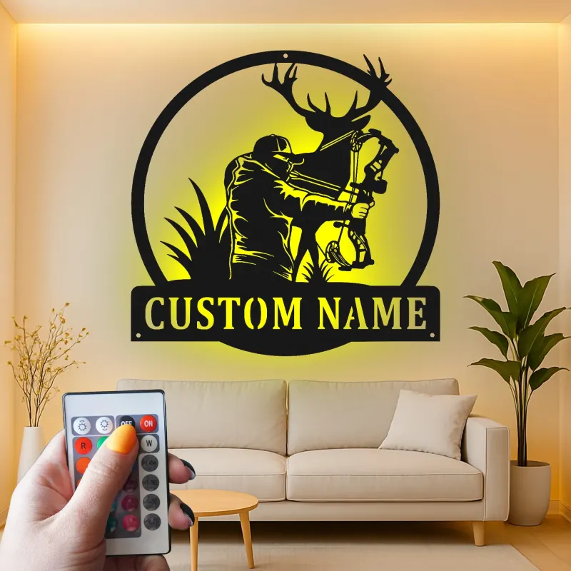 Insegna in metallo personalizzata con luce LED per cacciatori di arco e cervi, regalo personalizzato per cacciatori, decorazione per man cave o cabin