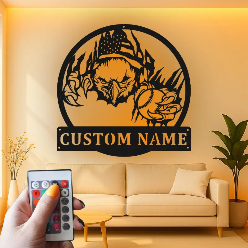 Insegna in metallo LED personalizzata a forma di aquila e baseball - Regalo personalizzato per appassionati di baseball, decorazione per sala giochi