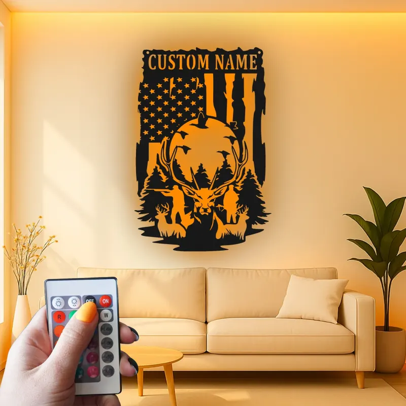 Décoration murale en métal personnalisée pour chasseurs de cerfs avec rétroéclairage LED - Cadeau personnalisé pour chasseurs - Décor de cabane rustique