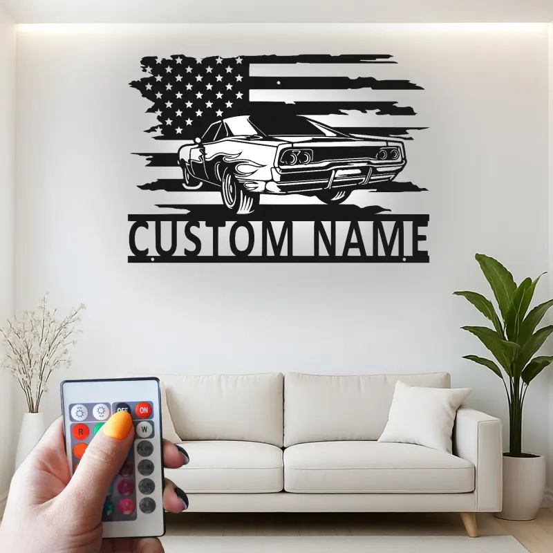 Custom Muscle Car Metal Sign | American Flag LED Wall Art | Personalized Garage Decor | Retro Auto Man Cave Gift