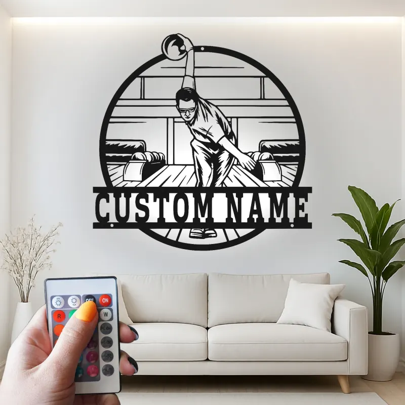 Custom Bowling Player Led Light Metal Wall Art Personalized Gift for Bowlers Game Room Decor