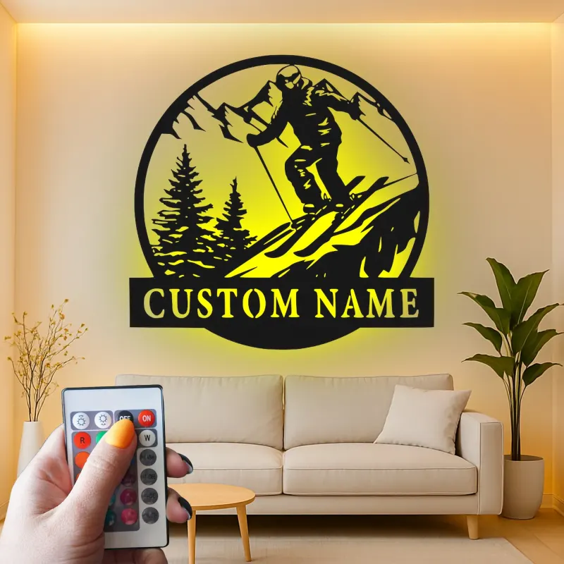 Custom Skiing Led Light Metal Wall Art Personalized Gift for Skiers Mountain Lodge Decor