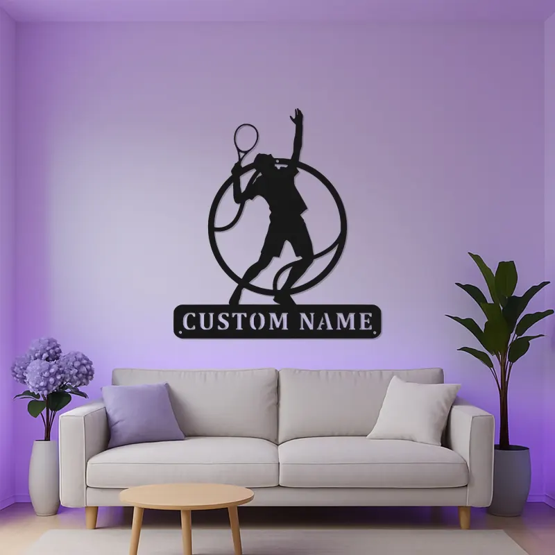 Arte murale in metallo per giocatore di tennis personalizzata | Insegna LED personalizzata per sala giochi | Regalo decorativo per atleta