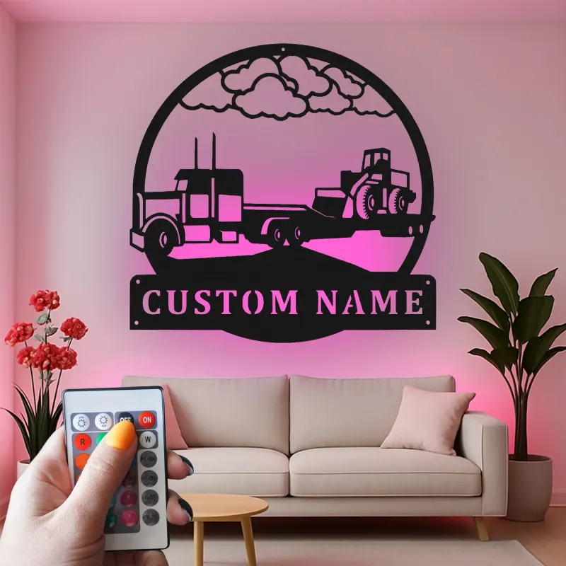 Custom Semi Truck Metal Art | Personalized LED Name Sign for Trucker | Farmhouse & Industrial Wall Decor | Gift for Driver