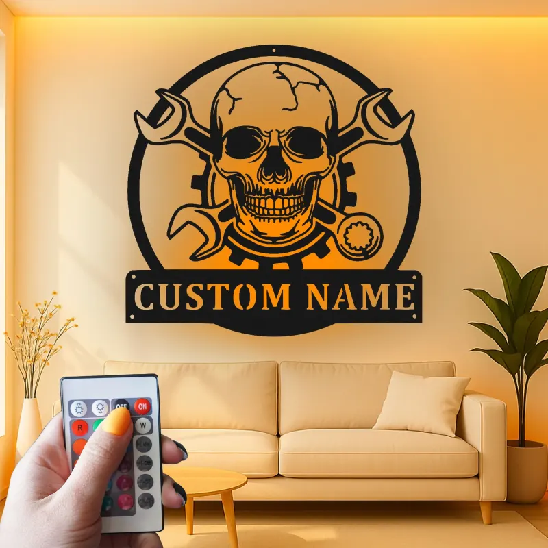 Cartel LED de Calavera Mecánica | Arte de Pared Personalizado para Garaje | Decoración de Taller Personalizada para Él | Luz de Man Cave Gearhead