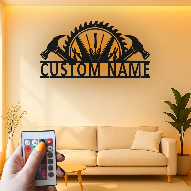 Décoration murale en métal personnalisée avec rétroéclairage LED en forme de lame de scie - Cadeau pour bricoleur, décoration de garage et d'atelier