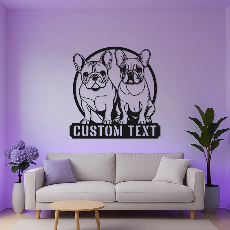 Cartel LED de bulldog francés | Decoración mural de metal personalizada | Regalo para amantes de los perros | Placa con nombre para la pared
