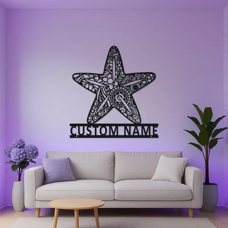 Insegna in metallo LED a forma di stella marina personalizzata | Arte murale oceanica personalizzata | Decorazione costiera per casa al mare e saloni | Targa ornata con nome