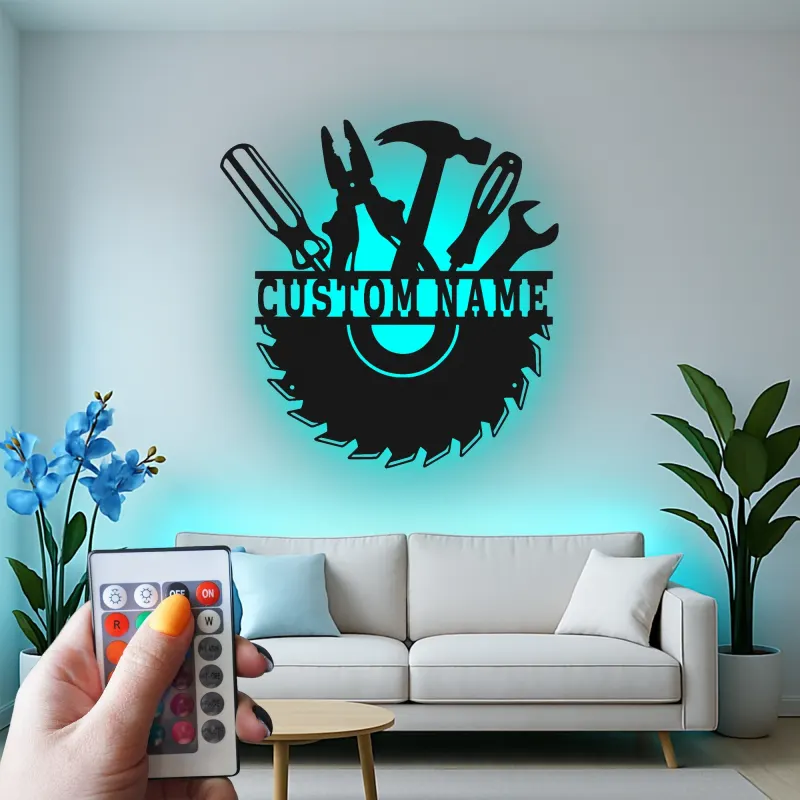 Cartel de metal personalizado con luz LED de juego de herramientas regalo para el manitas decoración de garaje o taller 1