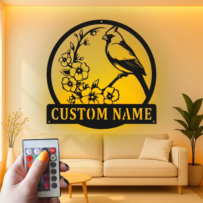 Custom Cardinal and Blossoms Led Light Metal Wall Art Personalized Nature Lover Gift Living Room or Garden Decor