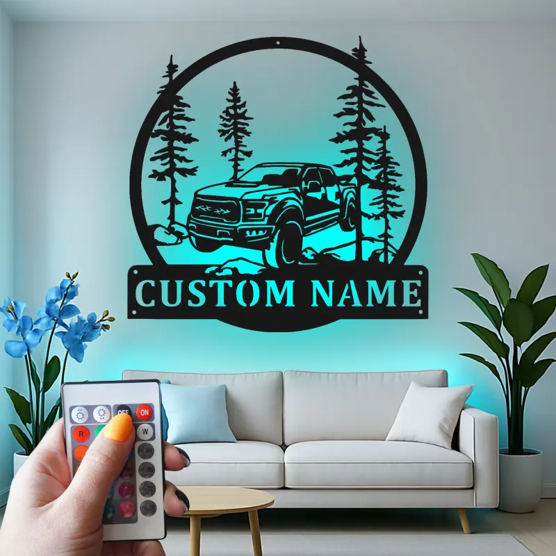 Décoration murale en métal personnalisée avec camion tout-terrain et rétroéclairage LED - Cadeau personnalisé pour passionnés de camions, décor de garage ou de man cave