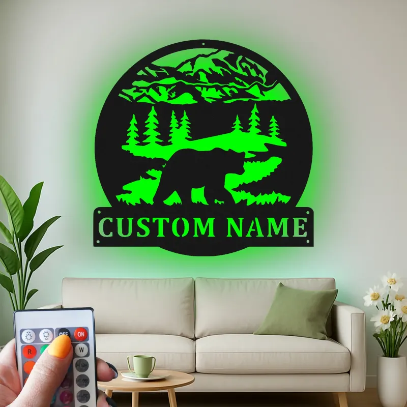 Custom Bear Mountain Scene Led Light Metal Wall Art Personalized Gift for Nature Lovers Cabin Decor