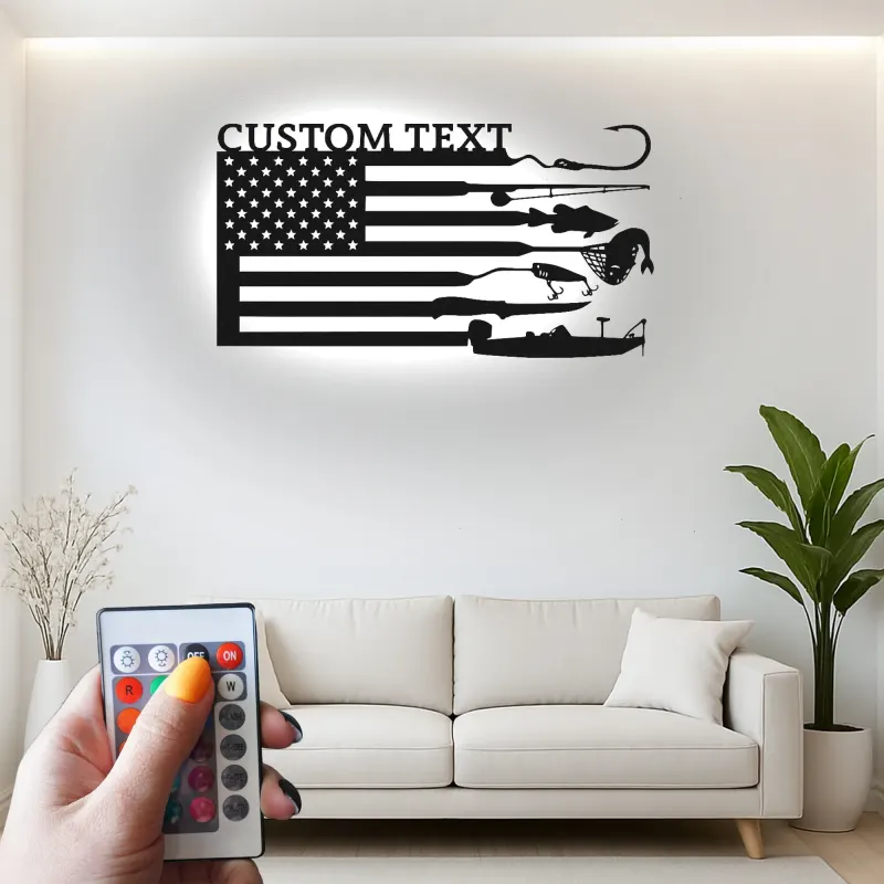 Panneau LED drapeau de pêche sur mesure | Décoration murale en métal personnalisée | Cadeau patriotique pour pêcheur | Déco maison de lac