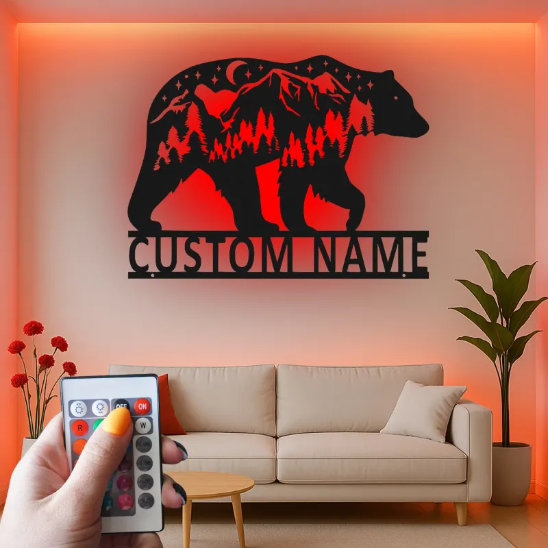 Décoration murale en métal personnalisée avec éclairage LED Forêt d'Ours Cadeau pour Amateurs de Nature Décor de Cabane ou Salon