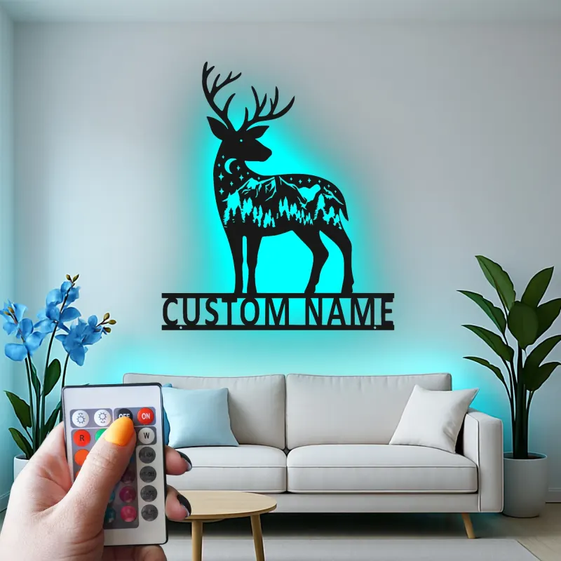 Insegna in metallo personalizzata con silhouette di cervo e luce LED regalo per amanti della natura decorazione per chalet o lodge