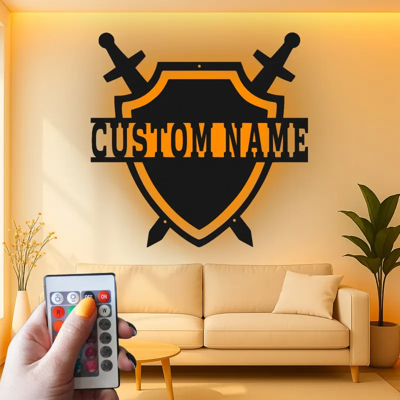 Insegna Scudo Medievale Personalizzata | Arte in Metallo LED Personalizzata | Decorazione per Cavalieri per Sala Giochi e Regalo per Appassionati di Fantasia