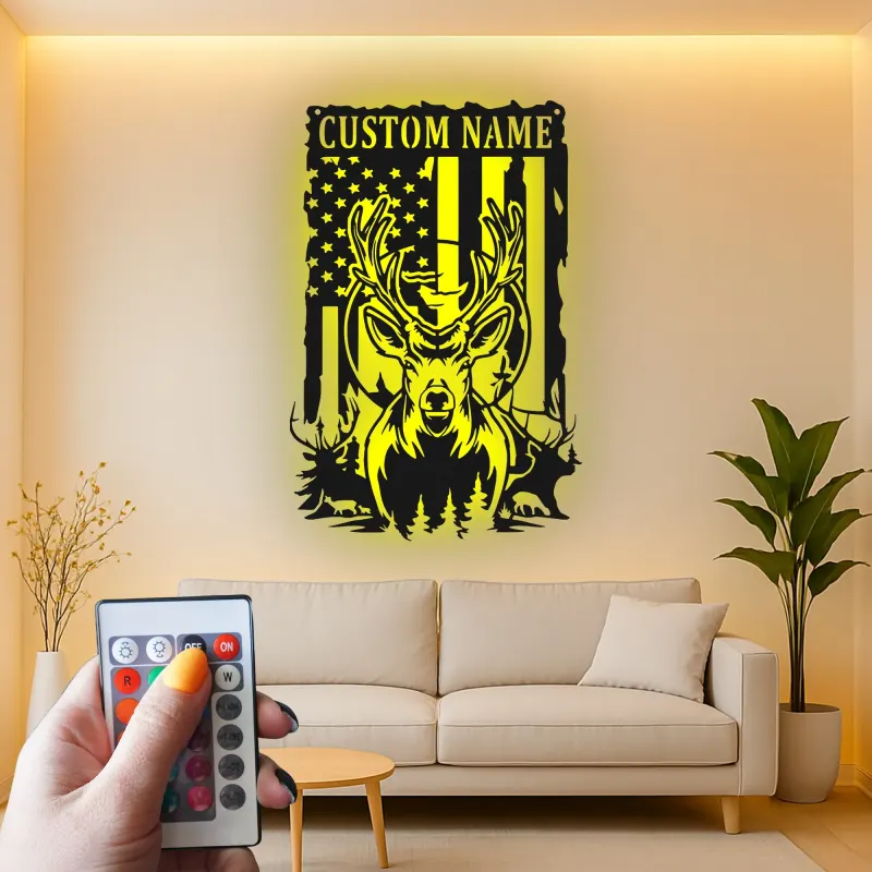 Cartel de metal personalizado con ciervo y bandera americana con luz LED, regalo para cazadores, decoración rústica para cabañas