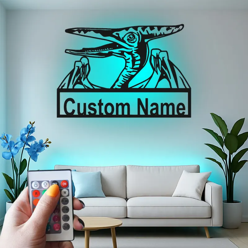 Décoration murale en métal personnalisée avec ptérodactyle et rétroéclairage LED - Cadeau dinosaure pour chambre d'enfants ou salle de jeux