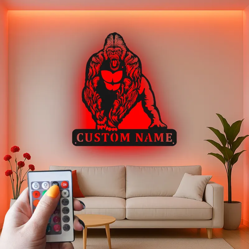 Arte murale in metallo con gorilla e LED | Insegna personalizzata con nome per man cave, home gym | Decorazione personalizzata con fauna selvatica