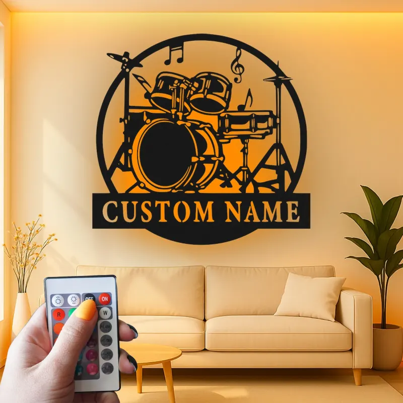 Décoration murale en métal LED personnalisée pour batteur - Cadeau musicien - Décor de salle de musique