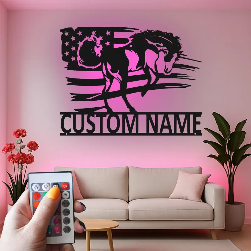Panneau en métal LED personnalisé avec cheval | Panneau représentant le drapeau américain patriote | Cadeau équestre pour décor de ranch et de grange