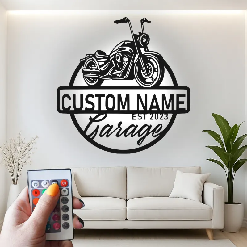 Panneau LED Moto Personnalisé | Décor Garage Biker Personnalisé | Art Mural Métallique pour Man Cave | Cadeau pour Lui