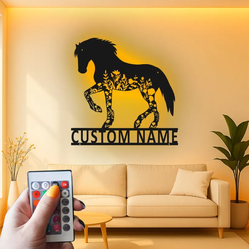 Individuelle Pferde LED Metall-Wandkunst | Personalisierte Reiterschild mit Blumen | Stall- & Ranch-Dekor Geschenk
