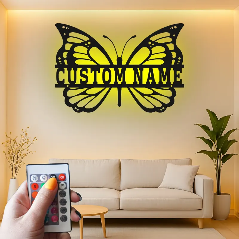 Décoration murale en métal LED personnalisée en forme de papillon - Cadeau pour elle pour la chambre ou le salon