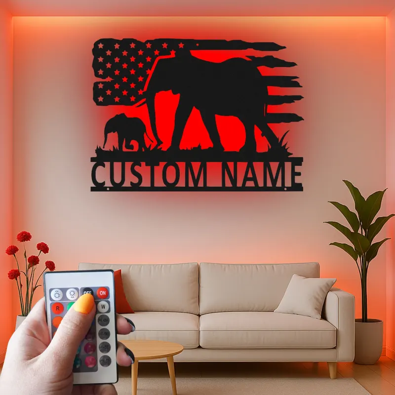 Décoration murale en métal personnalisée Elephant Family avec rétroéclairage, cadeau personnalisé pour les amoureux de la faune