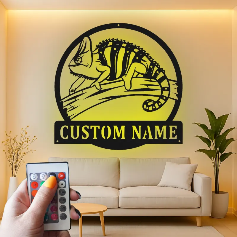 Cartel de metal LED personalizado de camaleón, regalo único para entusiastas de los reptiles, decoración de dormitorio o salón