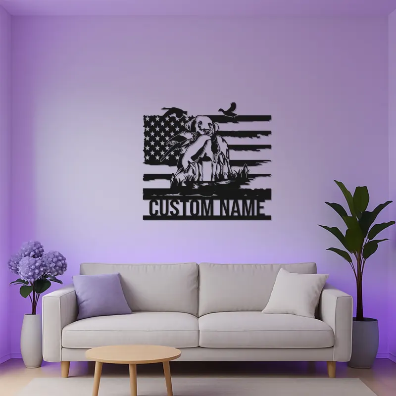 Labrador Hunting Dog Metal Sign | Personalized LED Wall Art | Custom Hunter Gift with American Flag | Patriotic Cabin & Man Cave Decor