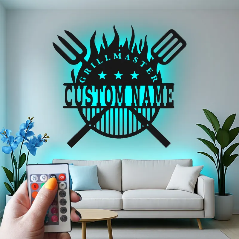 Personalized BBQ Metal Sign with LED | Custom Grillmaster Wall Art | Outdoor Patio Decor & Grilling Gift for Dad
