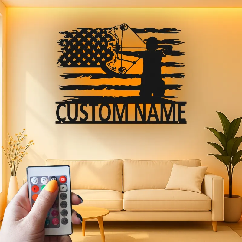 Personalisierte Bogenschießen Amerikanische Flagge LED Licht Metall Wandkunst Einzigartiges Geschenk für Bogenschützen Man Cave oder Garagen Dekor