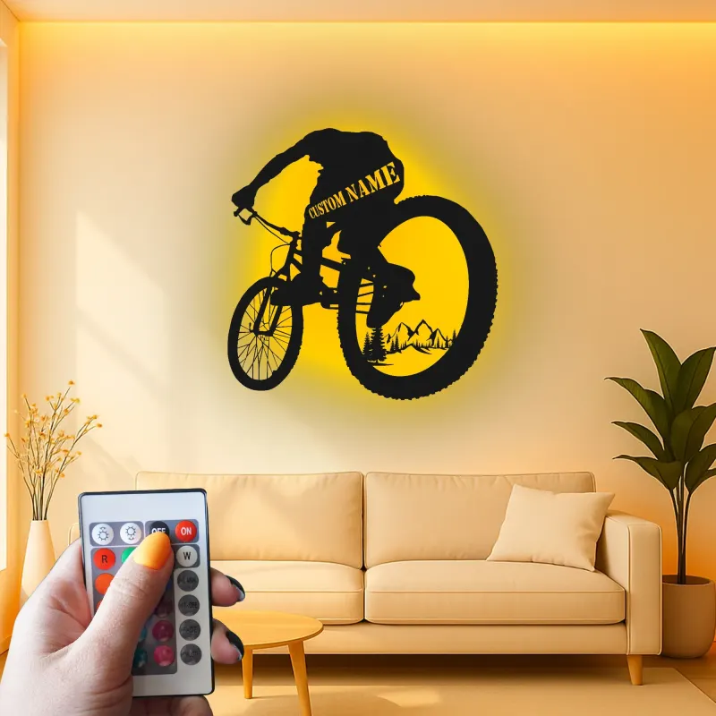 Insegna in Metallo per Mountain Biker Personalizzata | Arte da Parete LED per Ciclisti | Regalo per MTB e Decorazione Garage