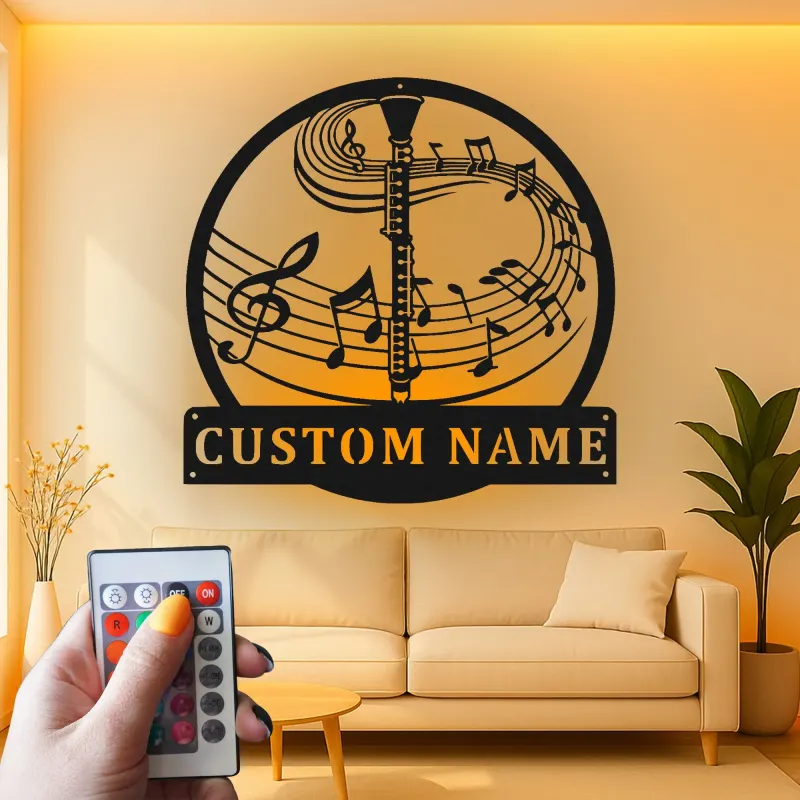 Insegna in metallo personalizzata con note musicali LED per clarinetto - Regalo per musicisti, decorazione per stanze musicali
