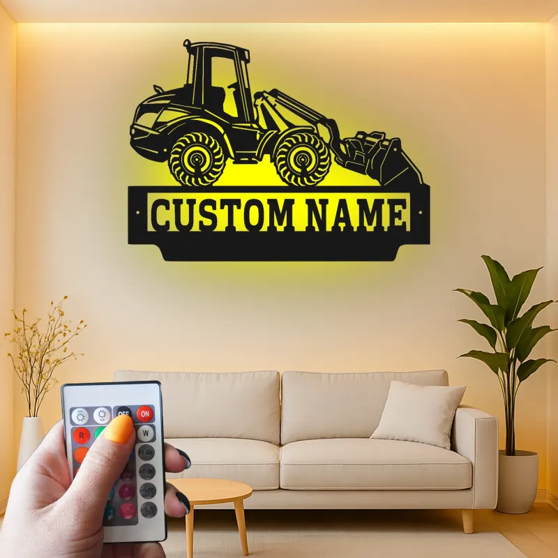 Cartel de metal personalizado de tractor | Decoración mural LED personalizada de cargadora frontal | Regalo para trabajador de la construcción para el garaje | Decoración de maquinaria pesada