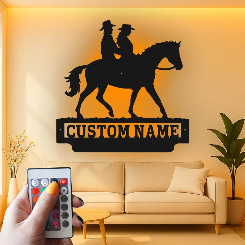 Custom Cowboy Couple on Horse Led Light Metal Wall Art Western Gift for Couples Ranch Home Decor