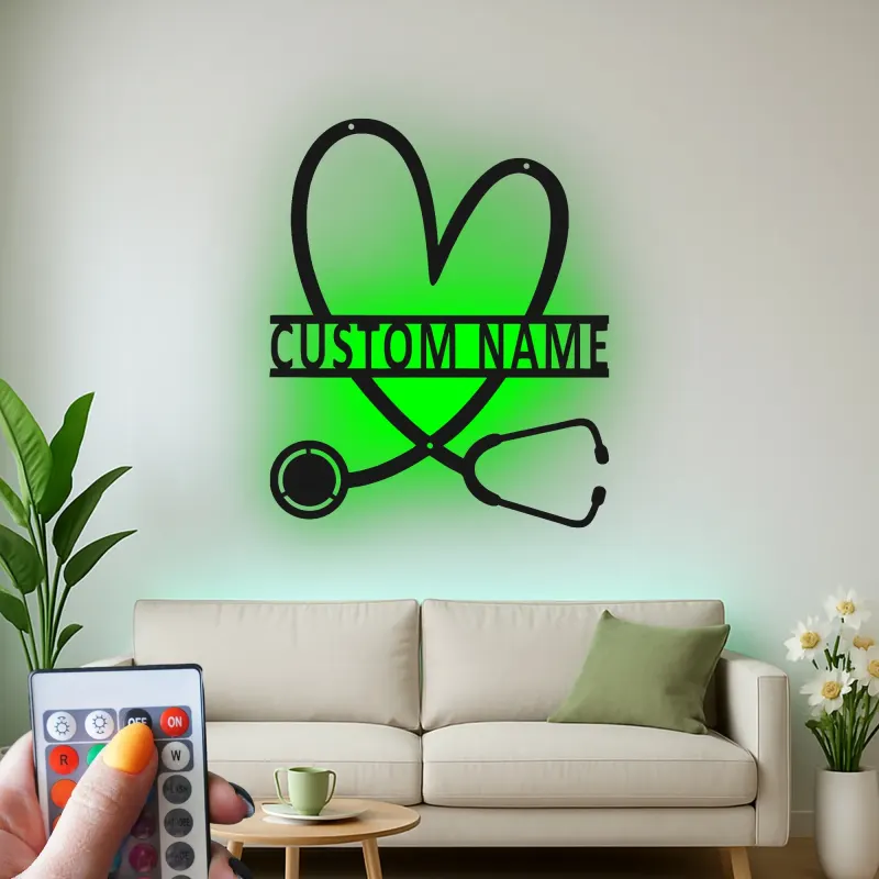Personalisierte Stethoskop-Schild | LED Metall-Wandkunst für Arztpraxen | Individuelles Geschenk für Krankenschwestern | Klinik Wanddeko