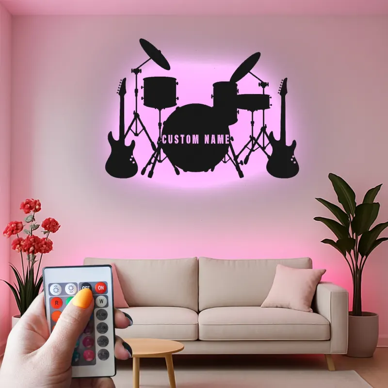 Custom Drum Set Led Light Metal Wall Art Personalized Musician Gift Studio or Music Room Decor 2