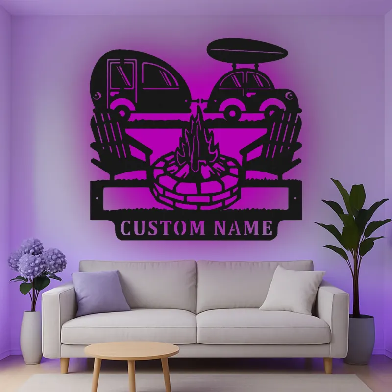 Décoration murale en métal personnalisée avec camping-car et feu de camp, cadeau de camping pour les passionnés de plein air