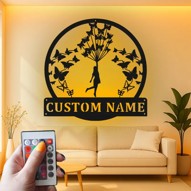 Personalisierte LED-beleuchtete Metall-Wandkunst mit Mädchen und Schmetterlingen – Geschenk für Sie, Schlafzimmer- oder Kinderzimmerdeko