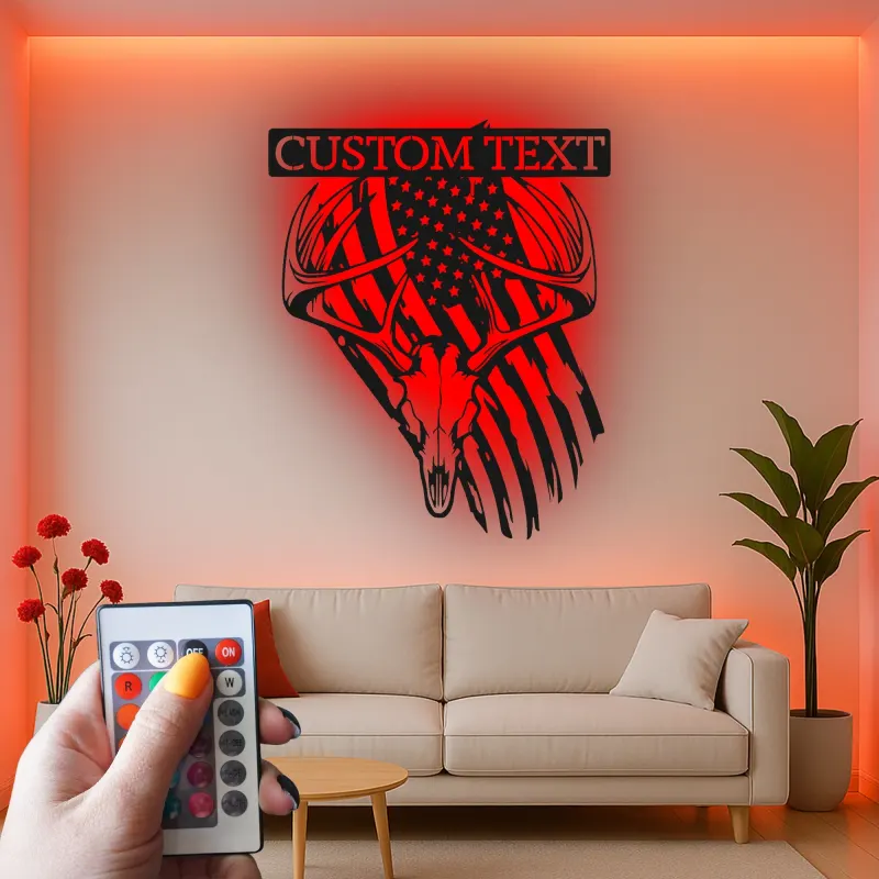 Custom Deer Skull with American Flag Led Light Metal Wall Art Personalized Gift for Hunter Rustic Man Cave Decor
