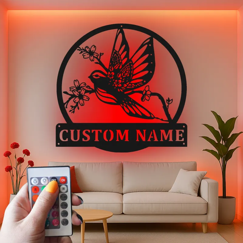 Insegna in metallo personalizzata con uccello e fiori e luce LED regalo per amanti della natura decorazione per camera da letto o soggiorno