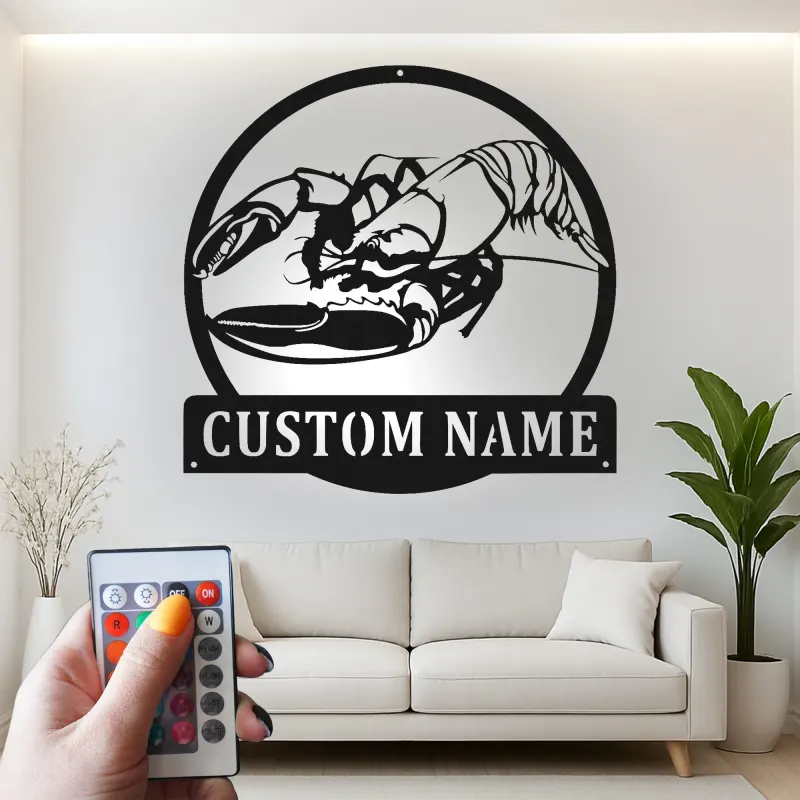 Insegna in metallo LED personalizzata con aragosta | Decorazione per cucina costiera personalizzata | Arte murale per casa al mare e regalo per pescatori