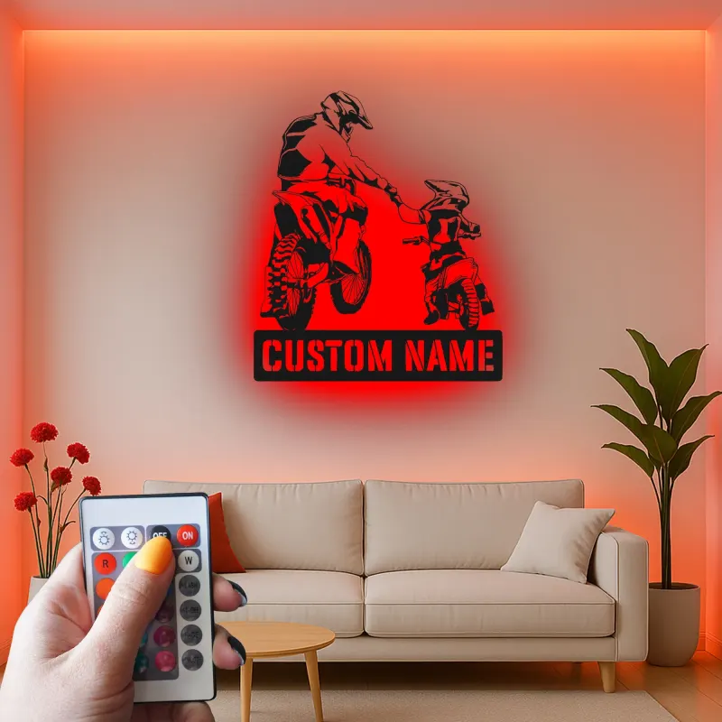 Personalisierte Motocross Vater und Kind LED Metall-Wandkunst – Geschenk für Papa, Garage oder Man Cave Dekor 1