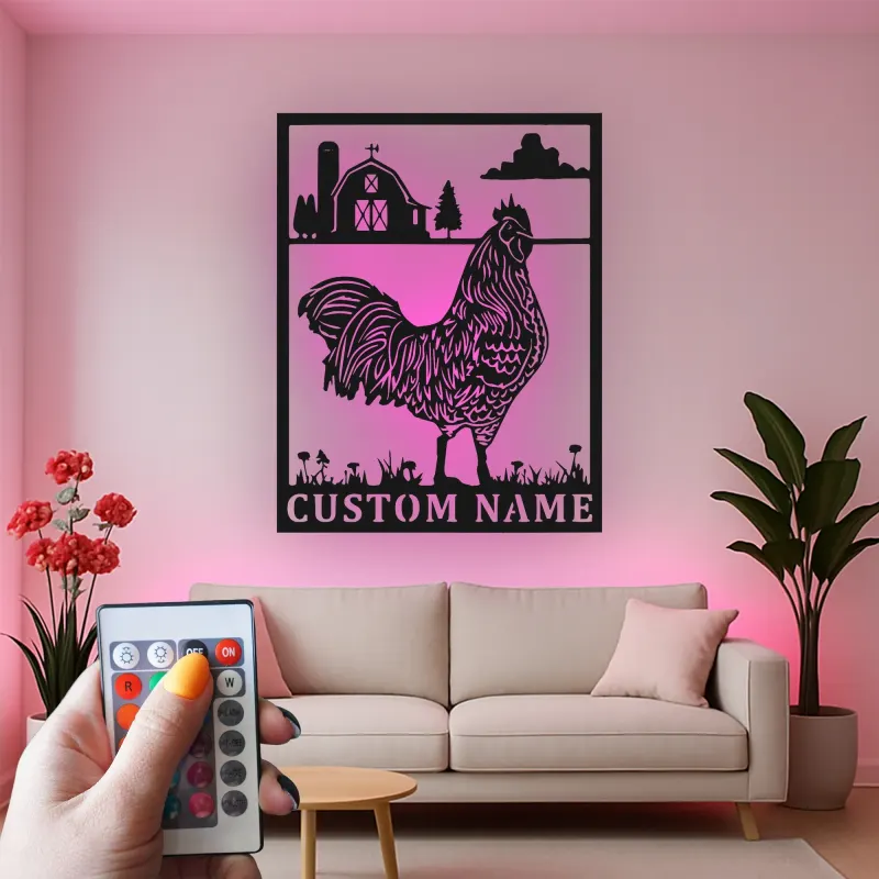 Panneau LED en métal personnalisé de coq | Art mural de cuisine de ferme moderne | Décor de grange rustique personnalisé