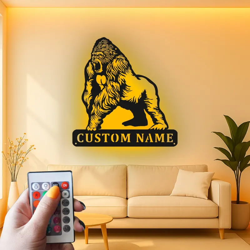 Gorilla LED Metal Wall Art | Custom Name Sign for Home Gym & Man Cave | Personalized Wildlife Decor