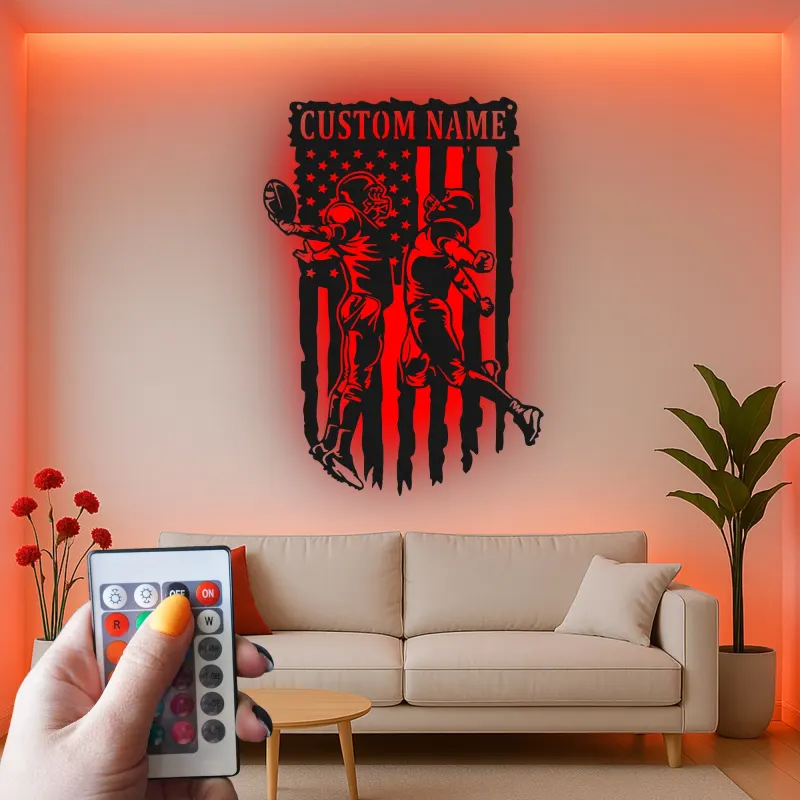 Cartel de Fútbol Personalizado | Arte Mural LED para Sala de Juegos | Regalo para Jugador de Fútbol | Decoración Deportiva con Bandera Americana