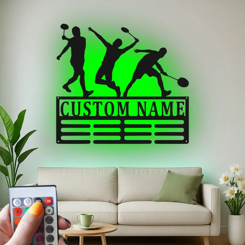 Décoration murale en métal personnalisée avec rétroéclairage LED de joueur de badminton, cadeau pour passionnés de sports, décor de salle de jeux
