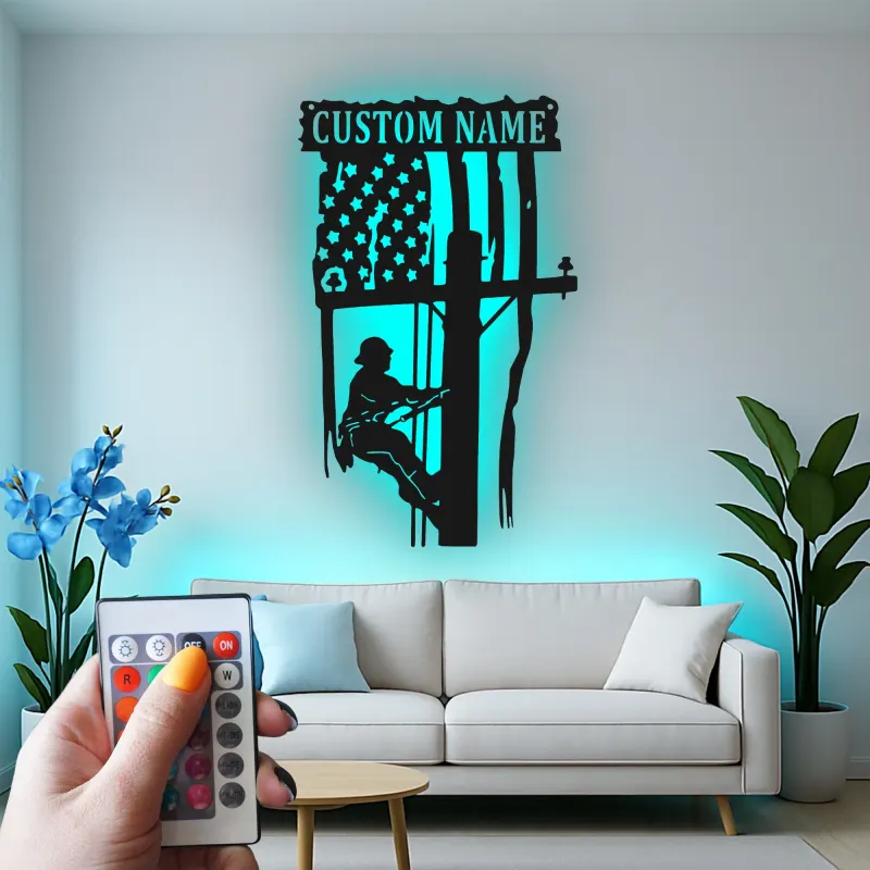 Custom Lineman Metal Sign | Personalized American Flag LED Art | Patriotic Electrician Gift | Utility Worker Wall Decor